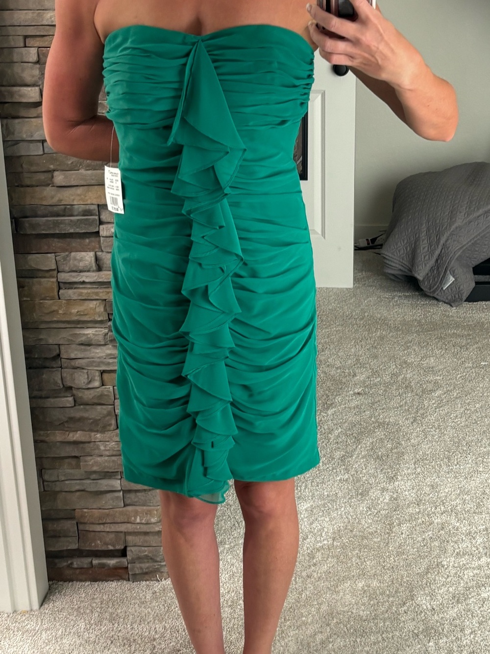 David's Bridal Strapless Emerald Green Ruffle Chiffon Dress